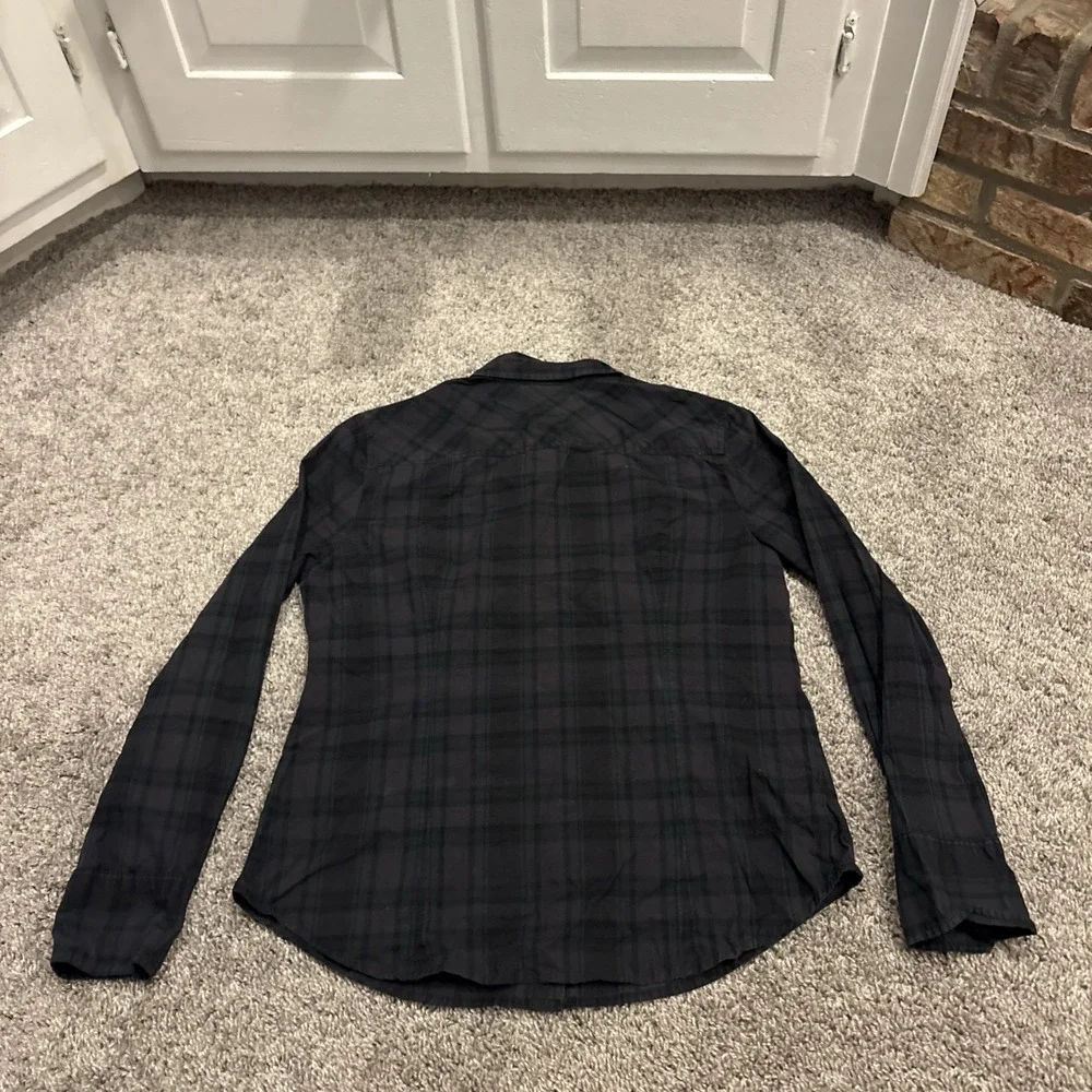 J Crew Black Watch Tartan Slim Stretch Shirt size 12 Midnight Emerald K3729